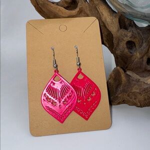 Boho Hearts Earrings Neon Pink Metal Hook with Backs
